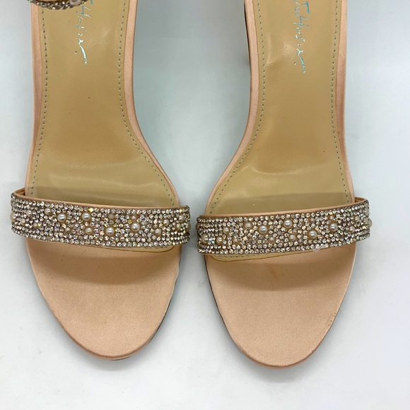 Betsey Johnson Jeweled Metallic Stiletto Sandals Beige 9 Pearl Stone Embellish - Picture 4 of 14